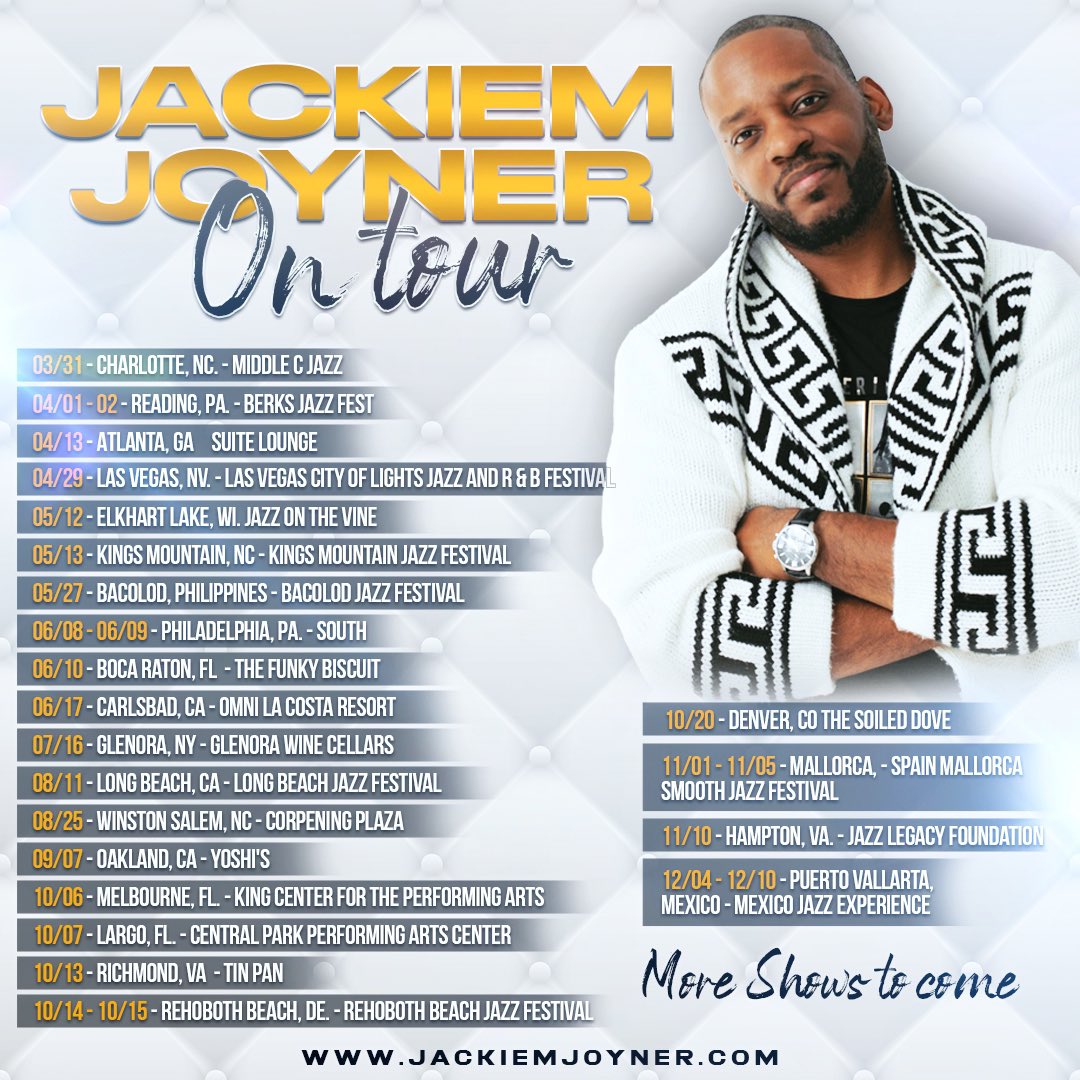 JackiemJoyner's tweet photo. Exciting news! My 2023 tour schedule is out now! Can't wait to see you all there! Shoutout to Syracuse, NY and Mayor Stephanie Miner for proclaiming August 5th as Jackiem Joyner Day back in 2010! #JackiemJoynerTour2023 #Jazz #livemusic #JackiemJoynerDay https://t.co/6v5SNTfrAc