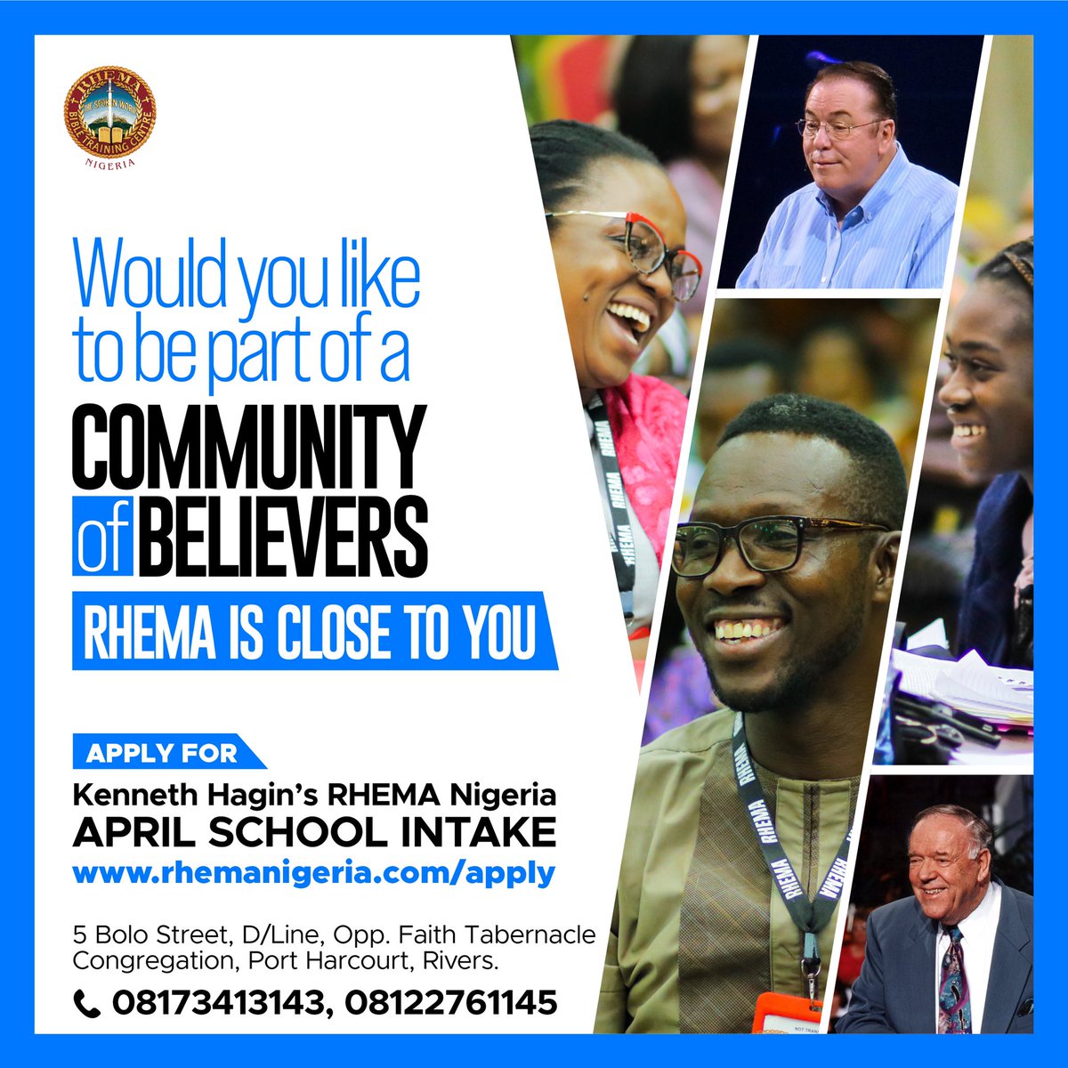 rhemanigeria's tweet photo. Would you like to be part of a community of believers?

RHEMA IS CLOSE TO YOU!

Apply for Kenneth Hagin’s Rhema Bible Training Centre’s APRIL INTAKE.

Kindly visit https://t.co/WWFdtadgaB to apply.

For more enquiries: 
See contact details on flyer. https://t.co/2rGWVkKmTQ