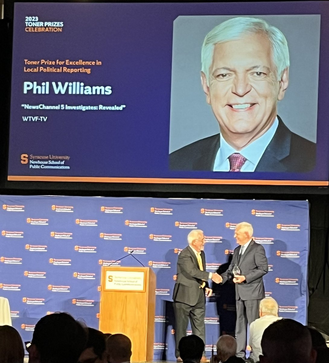 Great to see @IRE_NICAR legend @NC5PhilWilliams honored at the @NewhouseSU #TonerPrizes for Excellence in Local Political Reporting. He’s the first broadcast journalist to receive the honor. @NewhouseBDJ @NC5 @EWScrippsCo