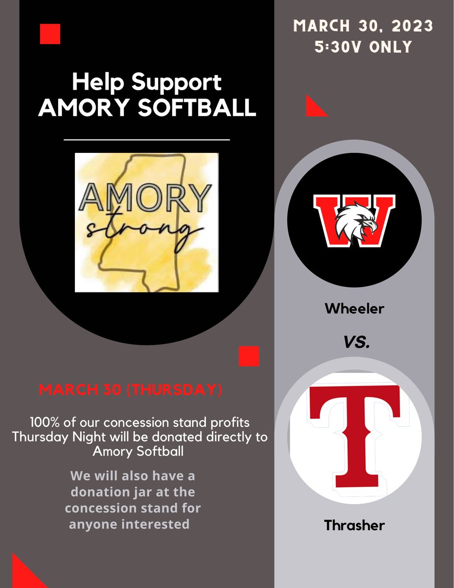 WheelerSoftbal1's tweet photo. Help spread the word! This thursday Night, we will be raising and donating 100% of our profits to @AmoryFPsoftball to help with the tornado aftermath they experienced this past weekend. https://t.co/lhqkxKnyCa