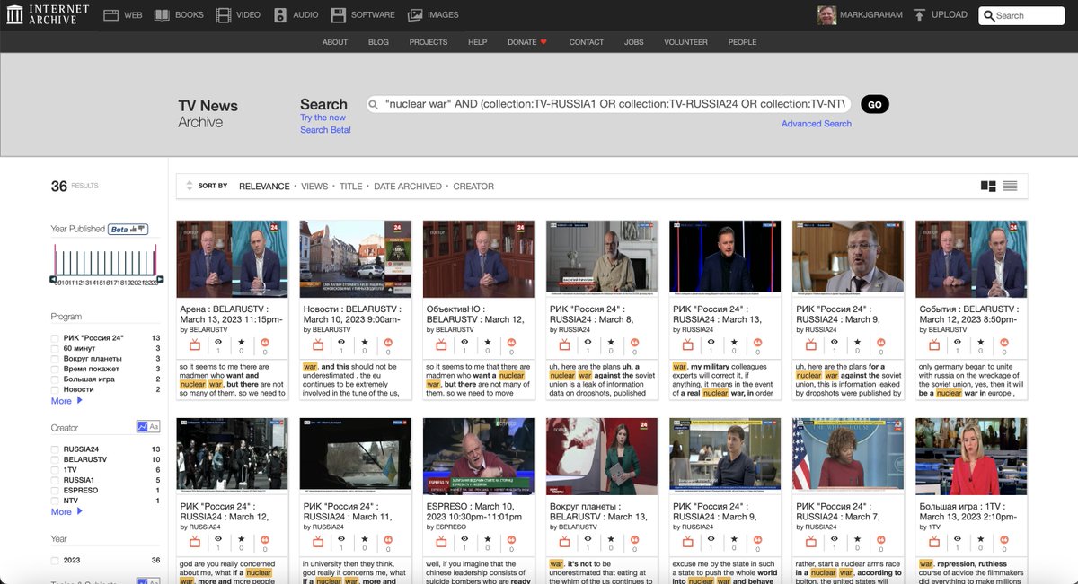 Mark Graham (@markgraham) on Twitter photo Ever wondered what is said about nuclear war on Russian, Belarusian or Ukrainian TV?
Find, read and watch machine generated transcriptions and translations of TV from 6 channels, for a recent week, via the <a href="/internetarchive/">Internet Archive</a>'s TV News Archive:
archive.org/details/tv?q=%… Ever wondered what is said about nuclear war on Russian, Belarusian or Ukrainian TV?
Find, read and watch machine generated transcriptions and translations of TV from 6 channels, for a recent week, via the <a href="/internetarchive/">Internet Archive</a>'s TV News Archive:
archive.org/details/tv?q=%…