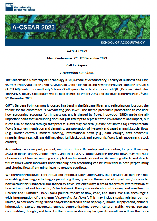 Kylie Kingston PhD (@kylielkingston) on Twitter photo Call for Papers for A-CSEAR 2023 at <a href="/QUTBusiness/">QUT Business School</a> Main Conference 7th - 8th Dec, 23, Early Scholar Colloquium 6th. Theme: Accounting For Flows
linkedin.com/posts/dr-kylie… Call for Papers for A-CSEAR 2023 at <a href="/QUTBusiness/">QUT Business School</a> Main Conference 7th - 8th Dec, 23, Early Scholar Colloquium 6th. Theme: Accounting For Flows
linkedin.com/posts/dr-kylie…