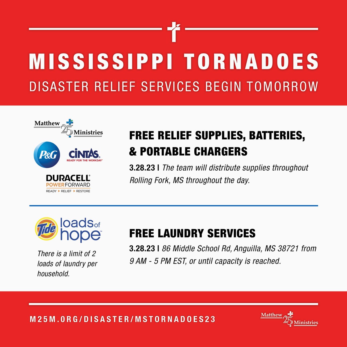 Our team arrived in Rolling Fork, MS and will begin providing relief supplies & services tomorrow, 3/28 for people affected by the tornadoes. @Tide Loads of Hope will be at 86 Middle School Rd, Anguilla, MS 38721 from 9 AM - 5 PM. Visit m25m.org/disaster/mstor… for updates.