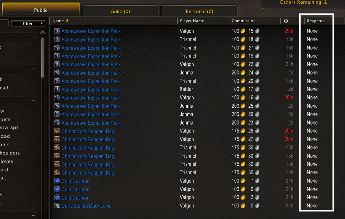 Megz2290's tweet photo. Dear @Blizzard_Ent the change made to public orders to not have to provide mats is beyond dumb. It has literally ruined the whole system imo. I'm not making crap for people for free...and I shouldn't need an addon to tell me they've included all the mats or not. #dobetter #fixit https://t.co/tfetXr4Mgn
