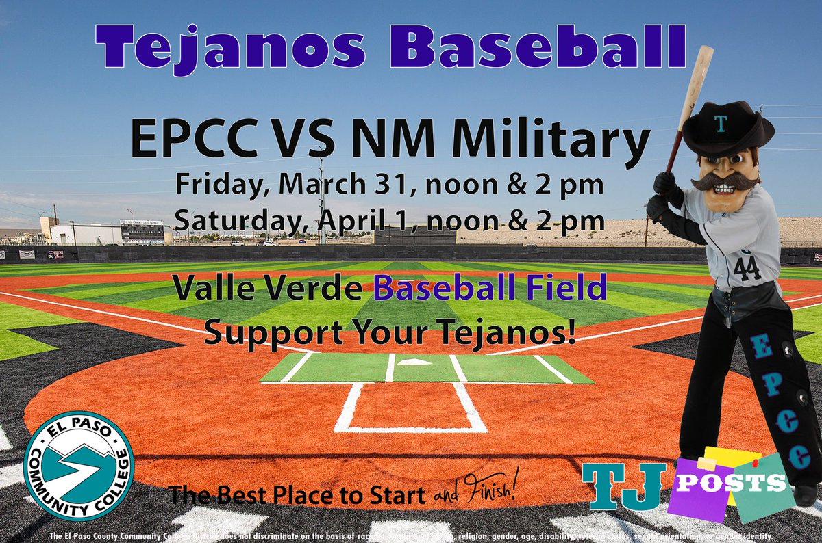 EPCCNews's tweet photo. EL PASO COMMUNITY COLLEGE 
vs NEW MEXICO MILITARY COLLEGE
 #EPCCbaseballTEJANOS #ElPasoCommunityCollege #TheBestPlacetoStartandFinish #EPCCpride #TJposts https://t.co/dVk5qyZQBk
