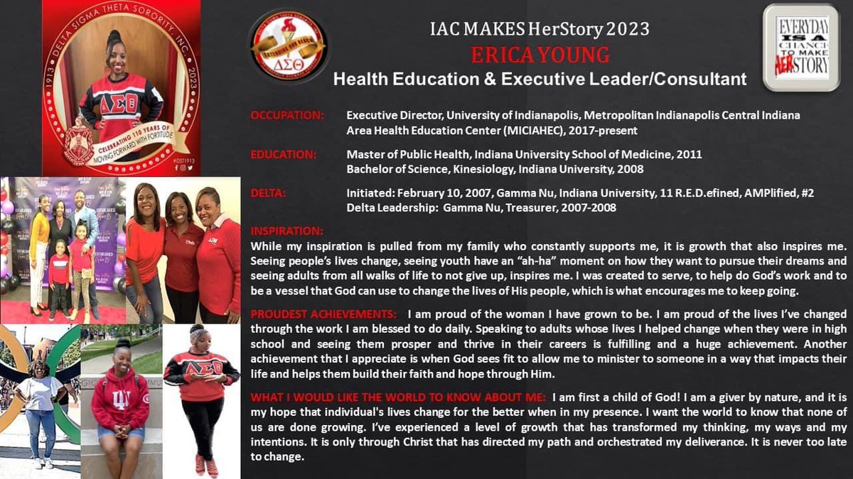 Day 27: IAC Makes HerStory 2023

Today the ICONIC Indianapolis Alumnae Chapter features our soror, Erica Young, Health Education &amp; Executive Leader/Consultant. Please enjoy HerStory!
#IACMakesHerStory 
#DSTIAC
#ExtendingOurReach
