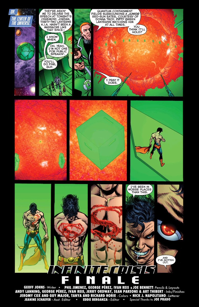 DoxDara's tweet photo. LOL, it took me about 7 years (until today) to realize that Superboy-Prime's "prison" whipped up by the Guardians and the Green Lantern Corps looks like a comic book box.

They should have polybagged him.

#DCcomics #FinalCrisis https://t.co/sVcrUzUZEK