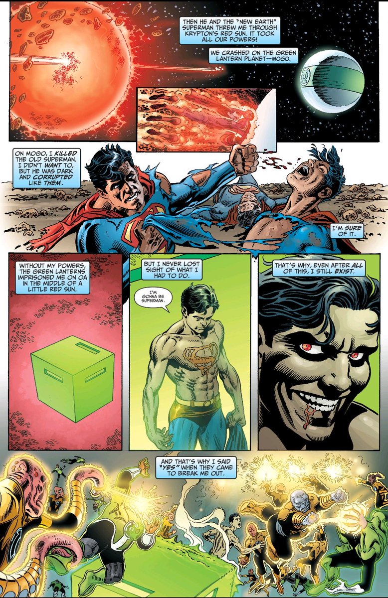 DoxDara's tweet photo. LOL, it took me about 7 years (until today) to realize that Superboy-Prime's "prison" whipped up by the Guardians and the Green Lantern Corps looks like a comic book box.

They should have polybagged him.

#DCcomics #FinalCrisis https://t.co/sVcrUzUZEK