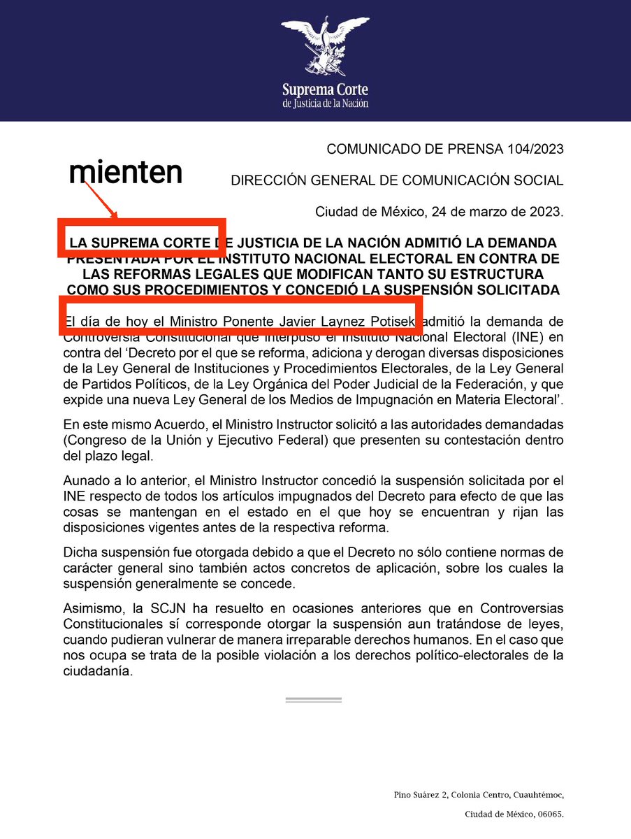 DERECHOdeREP's tweet photo. Ministros @ArturoZaldivarL  y @YasminEsquivel_  respetuosamente pido que respondan a mi pregunta, ¿ustedes están de acuerdo con  la decisión del señor Laynez Potisek? ¿El comunicado dice que la SUPREMA CORTE ADMITIÓ LA DEMANDA,  ¿El ministro habla por toda la @SCJN? Gracias. https://t.co/byEMl6A6N4
