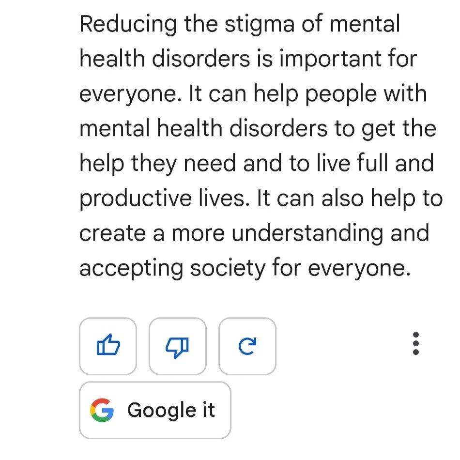 Break_theStigma's tweet photo. Someone at https://t.co/28LltykAyf was granted access to @Google's #BARD. An generative Artificial Intelligence (#AI) similar to Chat GTP. We asked an incredible question "Why is the stigma of mental health disorders important to acknowledge as a society?"
Swipe to see its answer https://t.co/GdxfQw832g