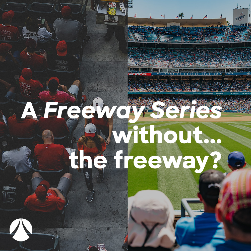 LAART_gondola's tweet photo. We're imagining a future with widely available transit. The Dodgers & Angels are facing off in the Freeway Series! The name comes from the I-5, the freeway that connects the two stadiums and one of the most congested roadways in the U.S. #dodgers #anaheimangels #newtransit https://t.co/t36AqpO60G