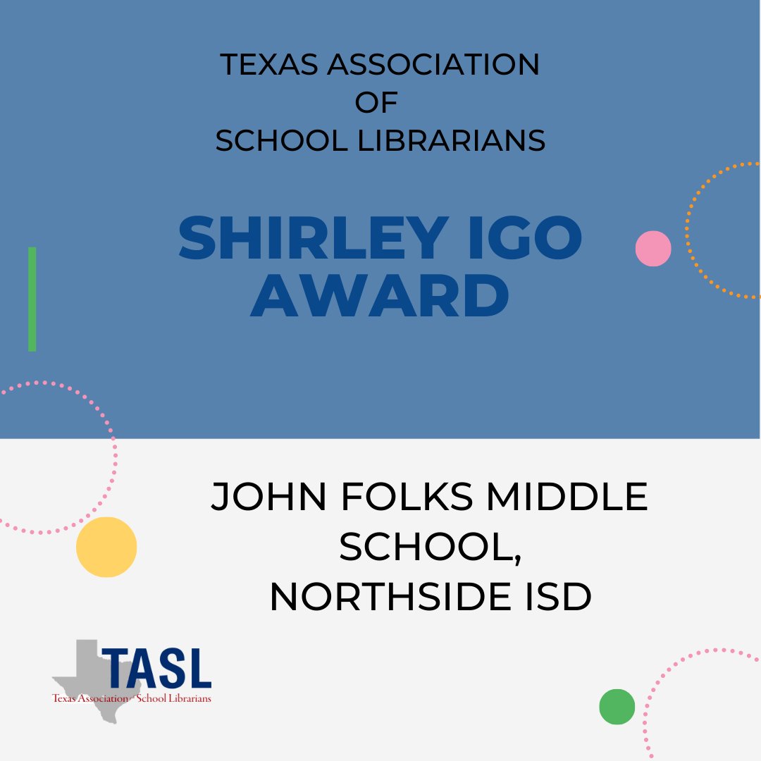 And the Shirley Igo Award goes to....<a href="/NISDFolks/">Dr. John Folks MS</a>! This amazing award recognizes the partnership and support of PTAs and school libraries. Congrats <a href="/NISDFolksLib/">Folks Library</a>! <a href="/TXLA/">Texas Library Assn.</a>