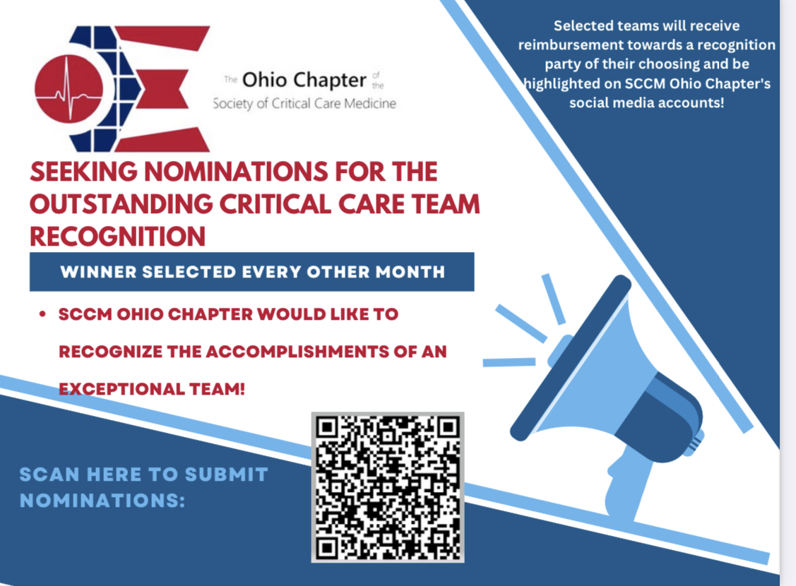 Do you know a critical care team in #Ohio that goes above and beyond? Nominate them for the <a href="/SCCMohio/">SCCMohio</a> Outstanding Critical Care Team Recognition! Let's recognize their hard work &amp; dedication. #CriticalCare <a href="/jesselefritz/">jesselefritz</a> @cvhmurphy 

Nomination link 👉 surveymonkey.com/r/OutstandingC…
