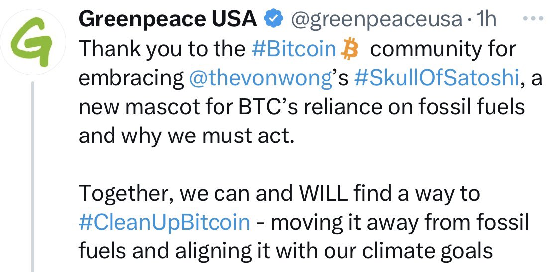 BitcoinNewsCom's tweet image. JUST IN: After Bitcoiners adopted the Skull of Satoshi as their own, Greenpeace seems to have shifted from #ChangeTheCode to #CleanUpBitcoin 👀