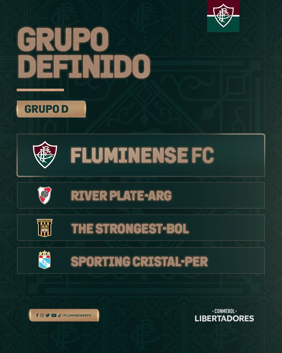 FluminenseFC's tweet image. GRUPO DEFINIDO! O Fluminense enfrenta o River Plate-ARG, The Strongest-BOL e Sporting Cristal-PER na primeira fase da @LibertadoresBR! VAMOS, FLUZÃO! 🇭🇺🇭🇺🇭🇺🇭🇺