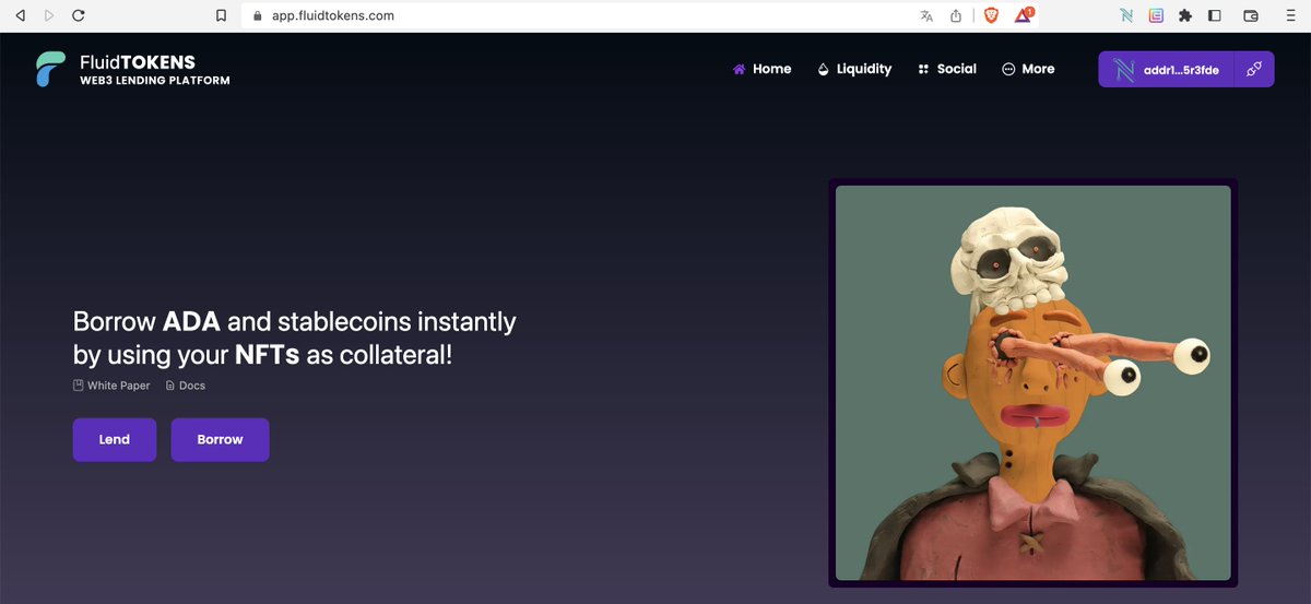 PollitosOnXESP's tweet photo. ¿Sabías que puedes pedir prestado ADA o stablecoins instantáneamente usando tus NFTs como garantía?🔒 Con https://t.co/tUc8sjdIjN que es una plataforma DeFi que te lo permite.
Con @FluidTokens, puedes obtener acceso a financiamiento sin tener necesidad de una cuenta.🚀 https://t.co/0mcU5F2aVh