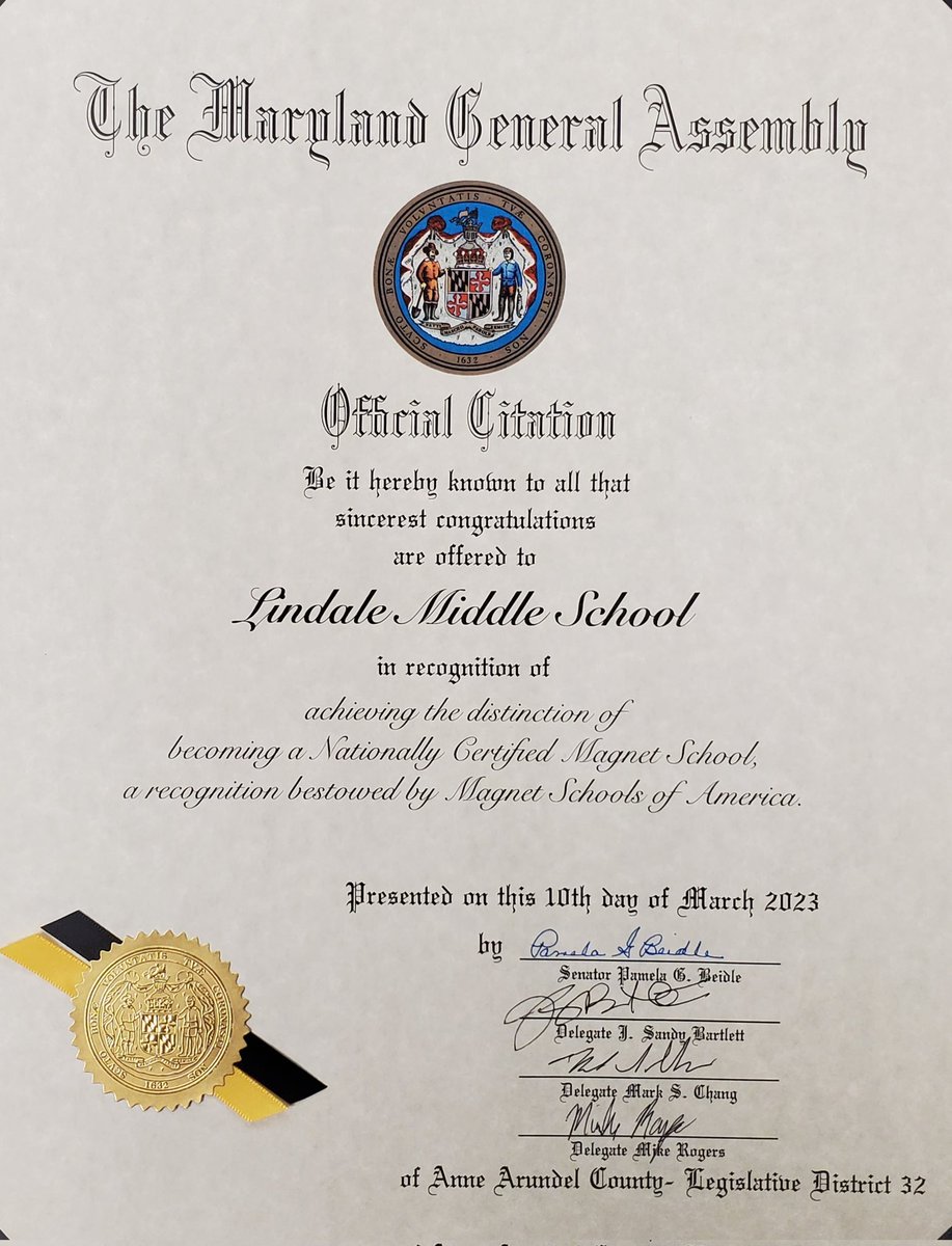 JohnNash1911's tweet photo. I'm pleased to announce that Lindale Middle received two Official Citations from Senator Beidle and Delegates Barlett,  Chang, and Rogers. According to Magnet Schools of America, we are the first Nationally Certified Magnet Public School in the state of Maryland. #AACPSAwesome https://t.co/XvLPpl5WpA