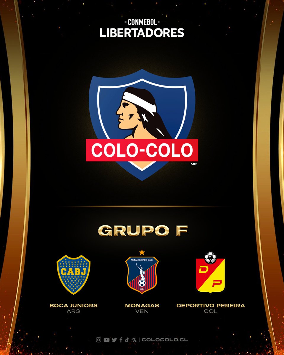 ColoColo's tweet photo. 𝐆𝐫𝐮𝐩𝐨 𝐥𝐢𝐬𝐭𝐨 𝐞𝐧 𝐋𝐢𝐛𝐞𝐫𝐭𝐚𝐝𝐨𝐫𝐞𝐬 🏆

El Cacique estará en el grupo F junto a Boca Juniors 🇦🇷, Monagas 🇻🇪 y Deportivo Pereira 🇨🇴

#VamosPorTodo • #VamosColoColo https://t.co/RhzM4BISjZ