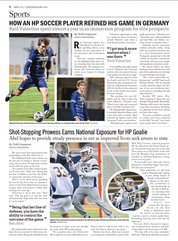 The full feature on Highland Park lacrosse goalie Ben Abel has published in the April issue. Available now. Thanks for taking the time to chat with us Ben. <a href="/hplax/">Highland Park (TX) Scots 🥍</a> <a href="/alex_richter/">Alex Richter</a> <a href="/ben_abel4/">Ben Abel</a>