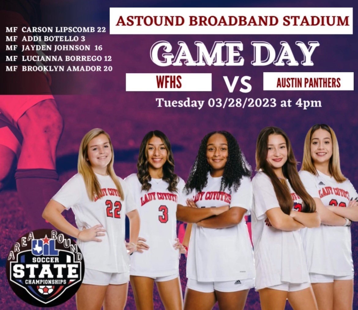 Round 2 info: Stadium address 
5514 Champions Dr. Midland, TX 79706-Varsity girls will play on either Yellow or Red Field(opposite of the WFHS Varsity guys) Free admission