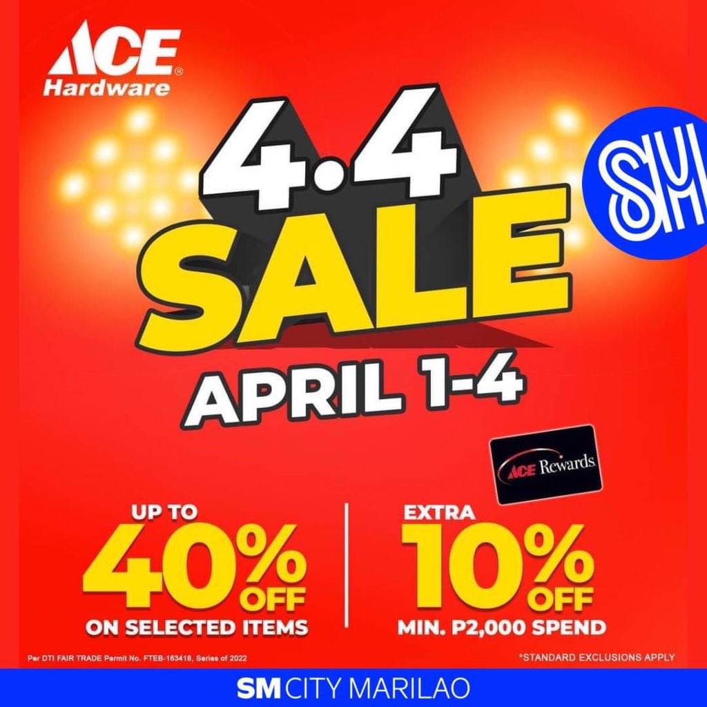 smcitymarilao's tweet image. ACE 4.4 SALE is ON! 🎉 ACE Rewards members get extra 10% OFF from April 1-4!​
📆 Save the date: tinyurl.com/ACE-44-2023

See you @ Ace Hardware Marilao located at the Second Level of SM City Marilao!

#ACEHardwarePH ​
#ACEHelpful​
#ACE44Sale