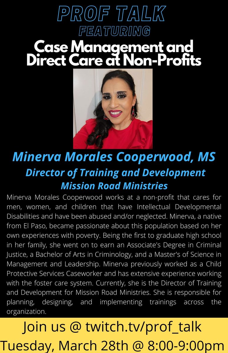 Prof_Talk_UTSA's tweet photo. Tomorrow Tues Mar 28 at 8 pm CST we'll be chatting with Minerva Cooperwood about Case Management #careers serving children with intellectual &amp; developmental disabilities. Join @swanamama and @GROWTHLabUTSA then! https://t.co/QDxomBJlI1 @hcaputsa #utsa #psychology #college #psych https://t.co/4ffUiePMIw
