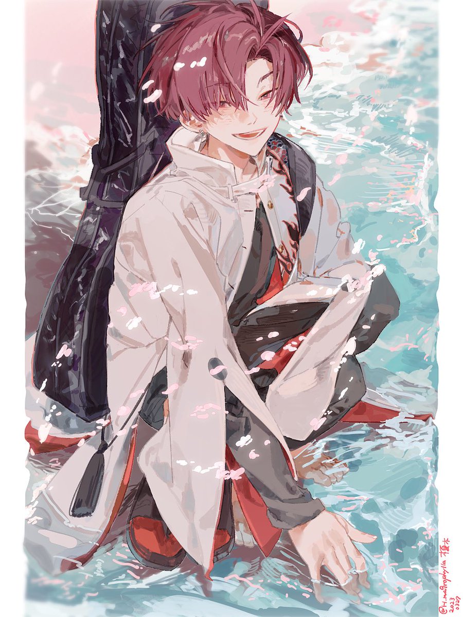 1boy male focus solo red hair smile water short hair  illustration images