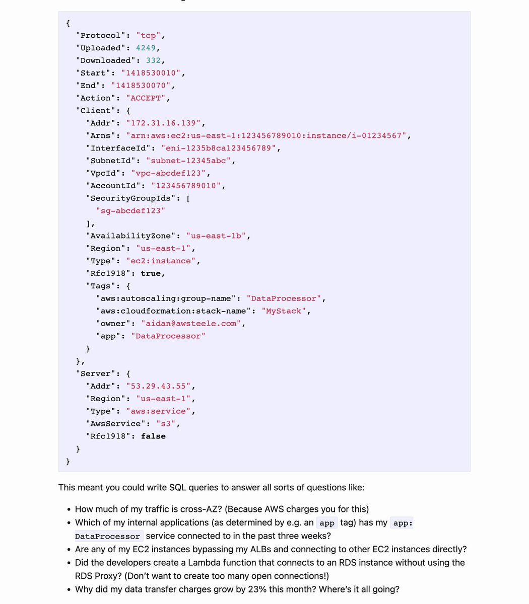 __steele's tweet photo. To answer @QuinnyPig's question: I implemented something like this, and I want to implement it again. IMO, enriched VPC flow logs are an untapped source of extremely valuable data. I just don't have access to realistic training data and need help. Blog:
https://t.co/yef7Lh6N8W https://t.co/IafxzngQVe