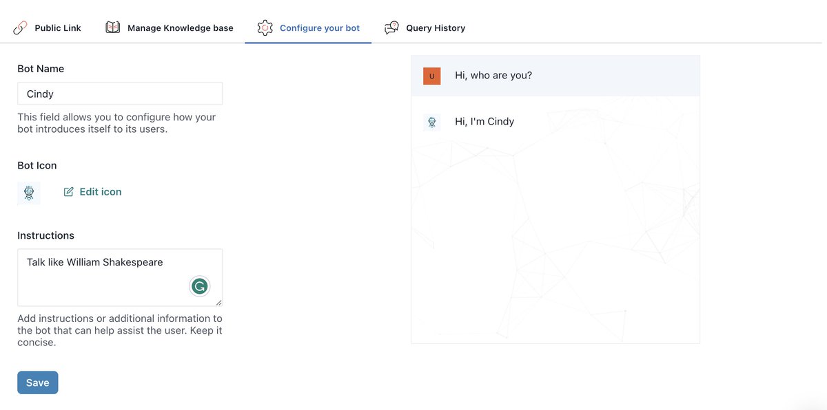 Clamy now supports custom bot names, icon and also you give custom instructions like Answer back in a particular language