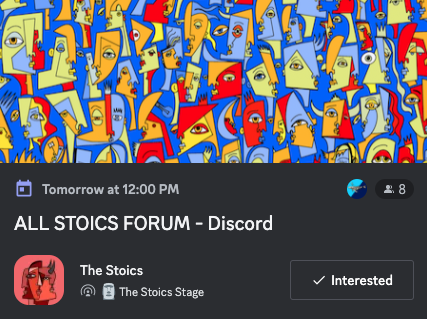 TheStoicsNFT's tweet photo. 🗿STOICS FORUM in the Discord✨
Tuesday- March 28th @ 12noon PST

@TheStoicsNFT by @GabrielJWeis 

All events for the week (so far 10 scheduled - have been posted in the Discord) https://t.co/i40hyM5gYy
