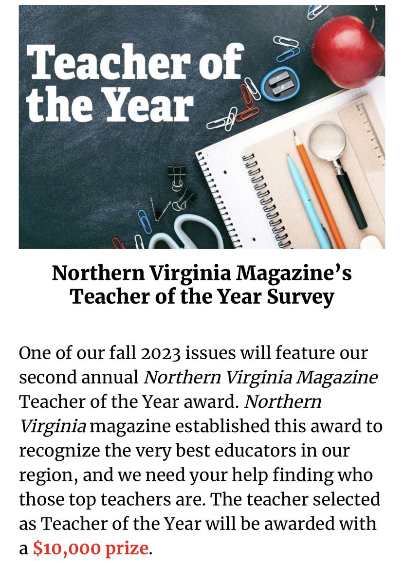 Hey <a href="/AbingdonPTA/">Abingdon PTA</a> nominate one of our amazing <a href="/AbingdonGIFT/">Abingdon APS</a> teachers… I know we’d love to see some of our own in the running like <a href="/MrsEdmonds2nd/">Mrs. Edmonds</a> <a href="/MsJondahl/">MsJondahl</a> <a href="/MsMuscarellaArt/">Lauren Muscarella</a> <a href="/JrV4Victory/">Victor Spadaro Jr</a> <a href="/mstysonsclass/">Sarah Tyson</a> <a href="/MsKerryAbbott/">Kerry Abbott</a> who go above &amp; beyond every single day northernvirginiamag.com/teacheroftheye…