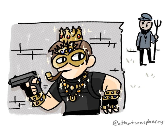 my friend told me to draw leon wearing a bunch of the treasure and i said `pay me' and he did so 