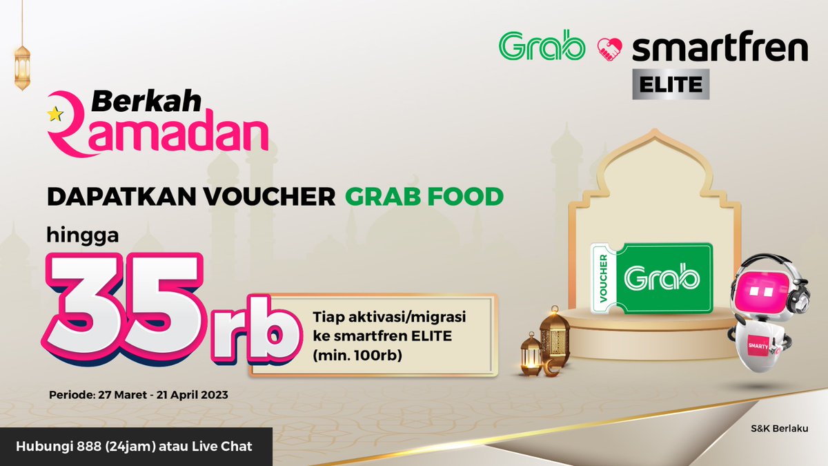 smartfrencare's tweet photo. Berkah Ramadan smartfren🤩🤩  
Dapatkan Voucher Grab Food hingga Rp35 ribu tiap Aktivasi/Migrasi ke smartfren ELITE minimal Rp. 100 ribu di Contact Center. Yuk, Aktifkan sekarang!

#smartfrencare #smartfrenELITE #smartfren #promosmartfren #100PersenUntukIndonesia #Promograbfood https://t.co/810MCpSaHr