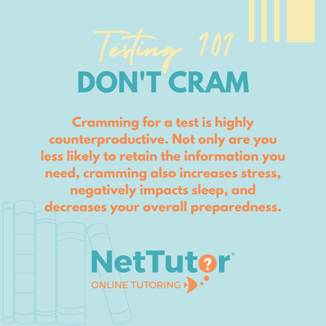 nettutor's tweet image. As testing approaches, make time every day to study rather than cramming it all in the night before. Set up some time to study with one of our tutors today!
#StudentSuccess #TestingTips #StudyTips #NetTutor #OnlineTutoring