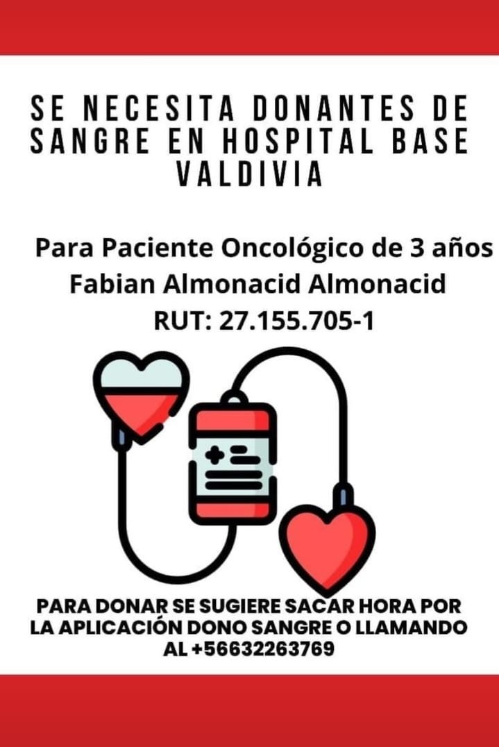 📢 URGENTE 
Se requiere #DonanteDeSangre cualquier grupo 🩸para  #FabianAlmonacidAlmonacid paciente oncológico de 3 años en <a href="/H_BaseValdivia/">HospitalBaseValdivia</a>, #Valdivia
Pide hora al +56632263769 o usando la aplicación Dono Sangre
Favor RT