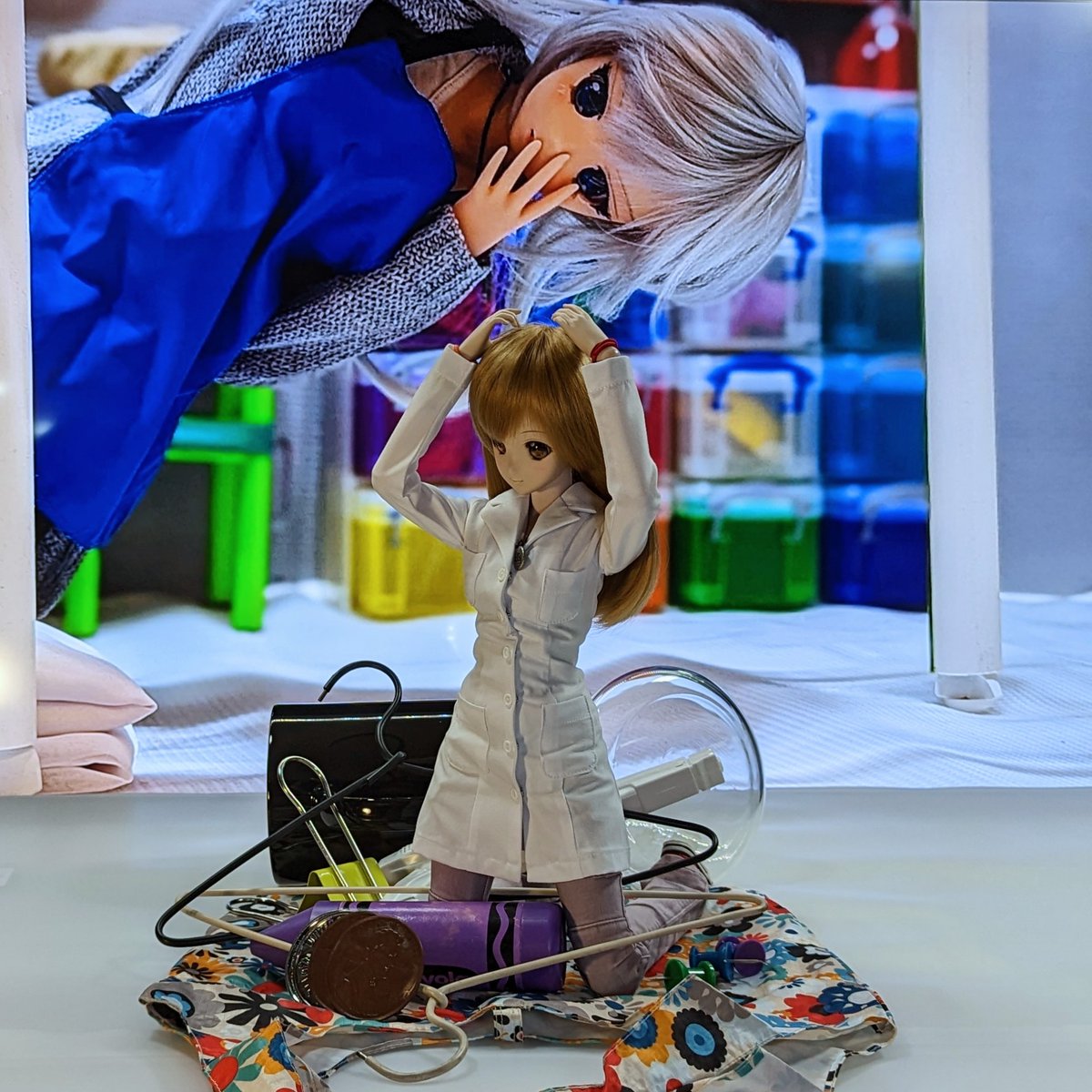 rc2agog's tweet photo. "Test shrinking of items for storage.." (Snag.. CRASH!) โEEP!! I.. I Shrank Mirai!โ ๐ณ
.
#Chitose #Mirai #SmartDoll #BJD #Lab #madscience #sciencegeek #geekGirl #ChitosesLab #miniaturize #shrink #MiraiPNW #balljointeddolls #sliceoflife #MiraiRobotics #doll #dollphotography https://t.co/R2p25pOqRt