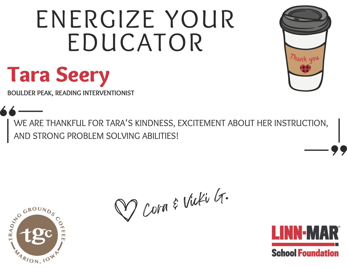 ENERGIZE YOUR EDUCATOR ☕ Congratulations, and thank you❤️🖤

Tara Seery - Boulder Peak Intermediate - Teacher

"We are thankful for Tara’s kindness, excitement about her instruction, and strong problem solving abilities!" - Cora &amp; Vicki G.

Sponsored by Trading Grounds