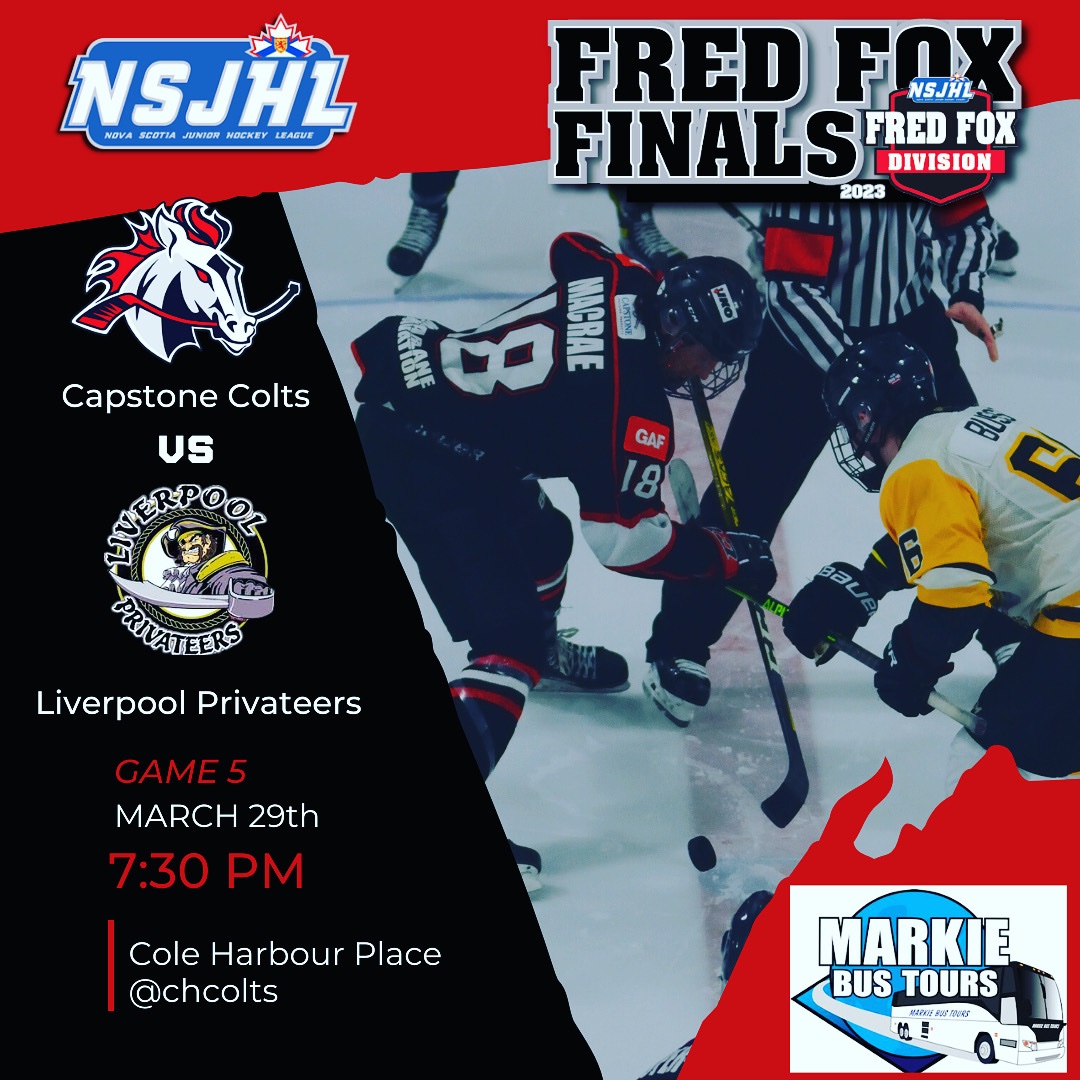 coltshockey's tweet photo. Your Capstone Colts are looking for your support #ColtsNation as we take on the Privateers for Game 5 @ChpPlace on Wednesday! This Game is brought to you courtesy of Markie Bus Tours #FredFoxFinals #LetsFillTheRink #LetsGooo 🐎🚨 https://t.co/gSZwuKrq0x