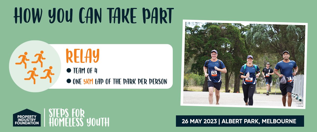 Join the inaugural Steps For Homeless Youth and help us reduce homelessness amongst young people.
 
We will meet at Albert Park Lake, Melbourne, on May 26 to fundraise towards building Haven Homes for at-risk youth in Victoria.

Join us&gt;&gt; stepsforhomelessyouth.com.au
