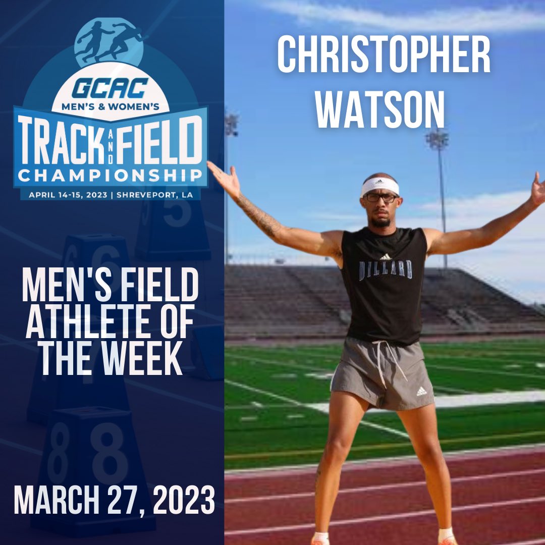 Congratulations to <a href="/GeauxDU/">Dillard Athletics</a> Men’s Track &amp; Field Athlete Christopher Watson on earning GCAC Men’s Field Athlete of the Week honors! 

Watson won the long jump &amp; high jump in the Belhaven Invitational. His long jump: 7.27m ranks him #4 in the nation.

Congratulations!