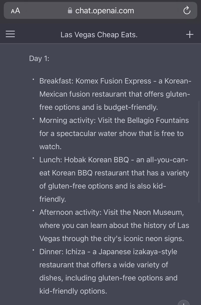 abhijitkumar's tweet photo. Using ChatGPT to plan our spring break itinerary with all our preferences accounted for. #ChatGPT #AI #travelwithAI #celiac https://t.co/RmONefH9mo