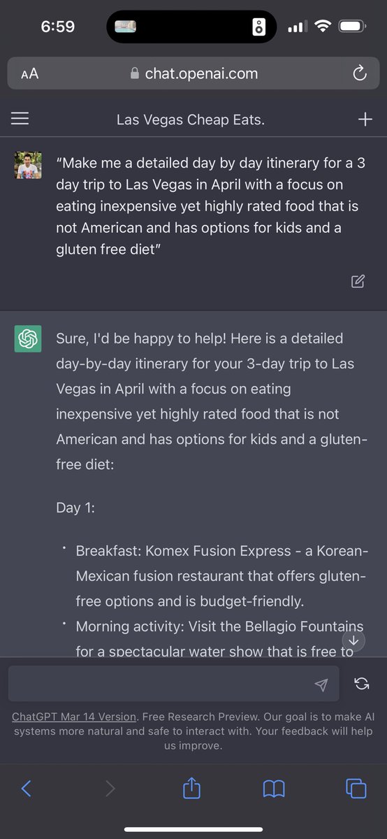 abhijitkumar's tweet photo. Using ChatGPT to plan our spring break itinerary with all our preferences accounted for. #ChatGPT #AI #travelwithAI #celiac https://t.co/RmONefH9mo
