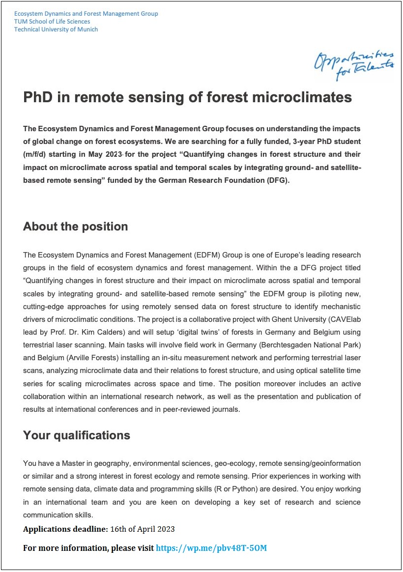📌 PhD Fully Funded in Remote Sensing of Forest Microclimates at the Technical University of Munich in Germany 🇩🇪... Please retweet and spread the word! For details visit the link below👉 wp.me/pbv48T-5OM