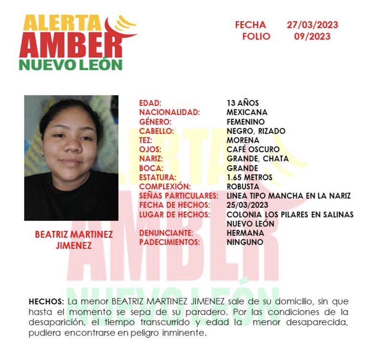 joluisgarcia's tweet photo. Activan #AlertaAmber esta noche #NL Se busca a Beatriz Martínez Jimenez de 13 años https://t.co/bwOo6brmmh