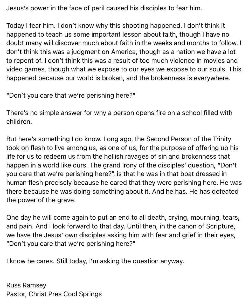 I don’t usually post the pastoral emails I send our congregation because, well, they’re personal. But since what happened in our city today, in a sister church, affecting so many who are connected in so many ways, is so public, here’s what I wrote: