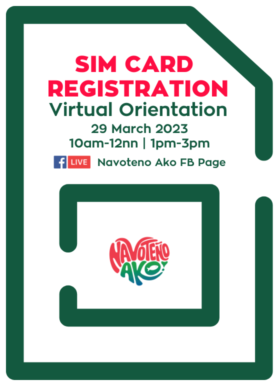 Navotas_City's tweet image. Rehistrado na ba ang SIM mo! 

Tumutok sa ating SIM Card Registration virtual orientation bukas, 29 March, 10am-12nn at 1pm-3pm, sa Navoteno Ako Facebook page.

#SIMCardRegistration
#Navotas
#AngatNavotas #NavotaAs