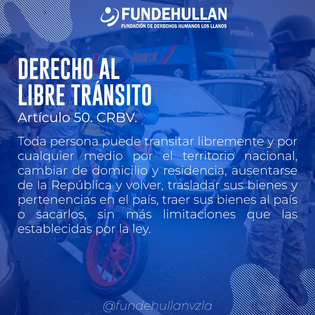Según el Art 50 de la CRBV Toda persona puede transitar libremente y por cualquier medio por el territorio nacional <a href="/Fundehullanvzla/">Fundehullan Vzla</a> #ConoceTusDerechos