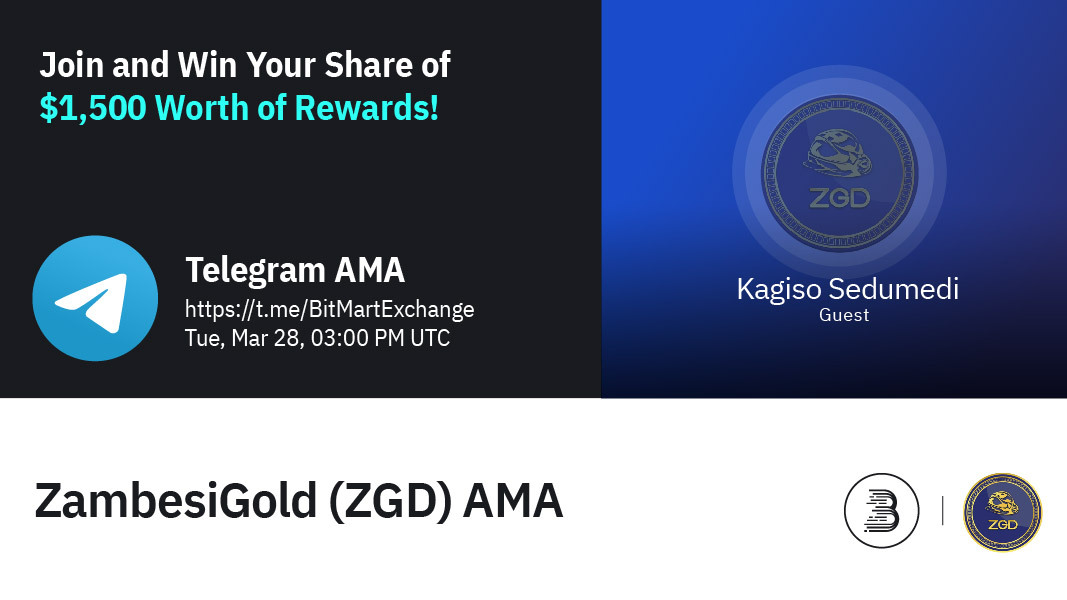 BitMartExchange's tweet photo. 🔈Join $ZGD at 3PM UTC, March 28 for AMA! We are pleased to have Kagiso Sedunedi, the AMA Guest!

1⃣Follow @BitMartExchange &amp; @ZGDtoken 
2⃣RT &amp; @ 3frds
3⃣Join https://t.co/UKA4qi25GZ 
4⃣Fill https://t.co/xY3oZr9UrJ

🔥Win $1,500 worth of rewards! https://t.co/oOEqc9aQVM