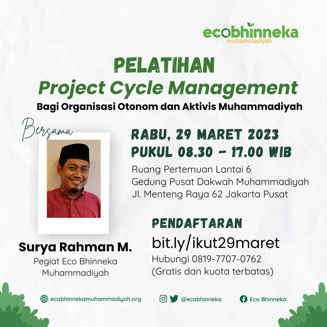 Yuk gabung di Pelatihan Project Cycle Management!

Daftar di: bit.ly/ikut29maret

 Info lebih lanjut hubungi 081977070762 ya

#ecobhinneka #Muhammadiyah #JISRA