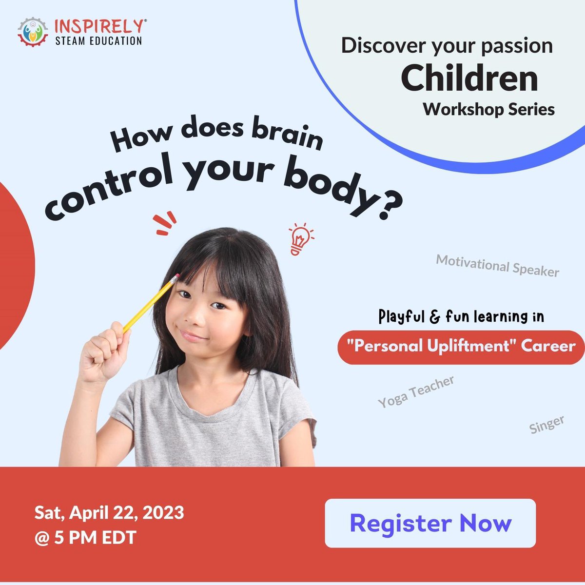 Join INSPIRELY's April workshop and explore how our brain controls our body! A unique opportunity for children to learn and discover their passions. Suitable for ages 6-14. Register now: bit.ly/inspirely_apri… #Inspirely #BrainControl #ChildrenWorkshop #PassionDiscovery